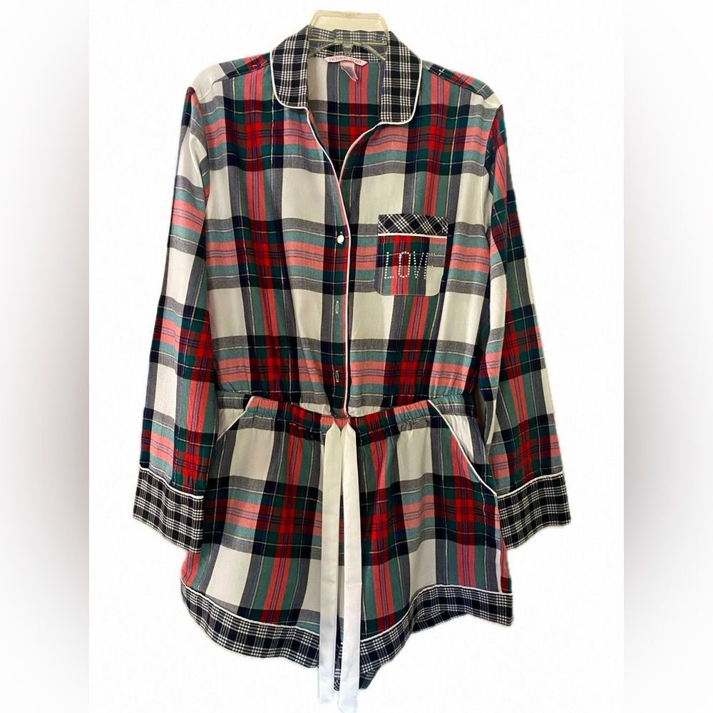 Victoria's Secret Plaid Flannel Romper M Rhinestone Tartan Pajama Panty Set NWT - Picture 3 of 10